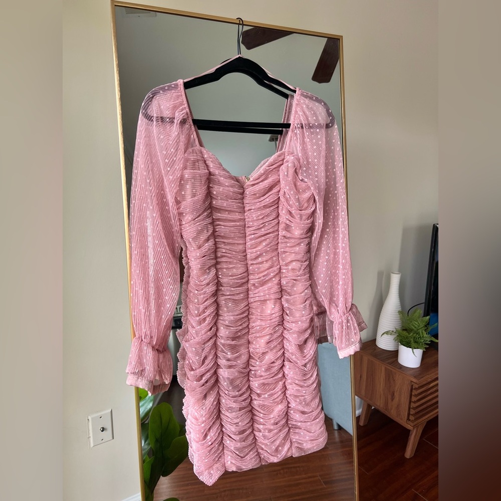 Haute Monde Blush Ruched Dress with Sheer Polka Dot Sleeves
